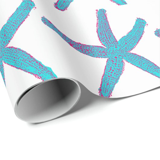 ヒトデ柄ティール（緑がかった色）ピンクホワイトビーチクリスマス ラッピングペーパー (ロールコーナー)