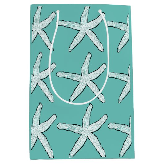 ヒトデ柄ビーチコースタルティール（緑がかった色）ブルークリスマス ミディアムペーパーバッグ (正面)