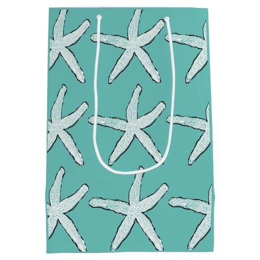 ヒトデ柄ビーチコースタルティール（緑がかった色）ブルークリスマス ミディアムペーパーバッグ (裏面)