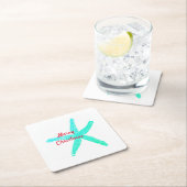 ヒトデ模様グリーンブルーレッドメリークリスマス スクエアペーパーコースター (インサイチュ)