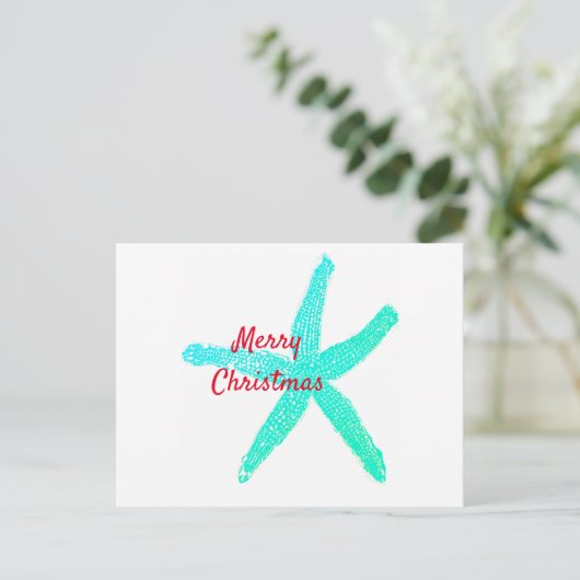 ヒトデ模様グリーンブルーレッドメリークリスマス ポストカード (スタンド正面)
