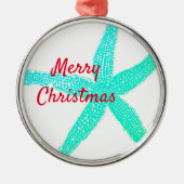 ヒトデ模様グリーンブルー赤メリークリスマス メタルオーナメント (正面)
