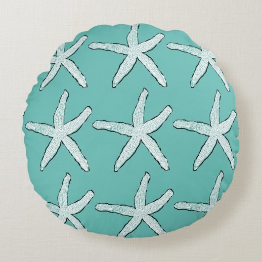 ヒトデ模様ビーチ コースト ティール ブルー クリスマス ラウンドクッション (正面)