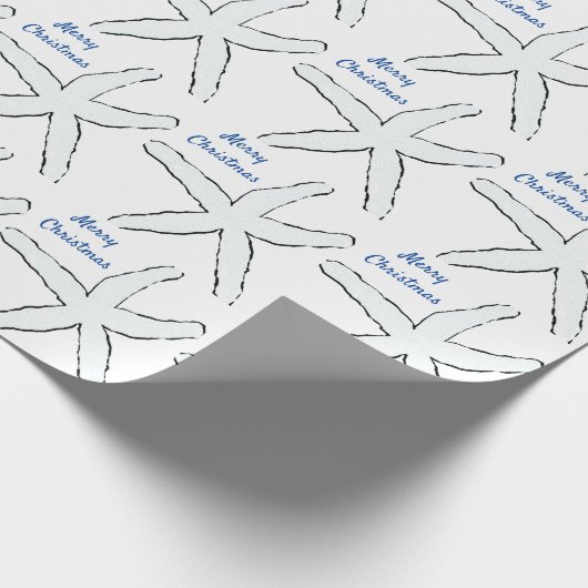 ヒトデ模様ブルーホワイトビーチメリークリスマス ラッピングペーパー (角)