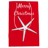 ヒトデ模様レッドホワイトビーチメリークリスマス ミディアムペーパーバッグ (正面)