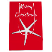 ヒトデ模様レッドホワイトビーチメリークリスマス ミディアムペーパーバッグ (裏面)