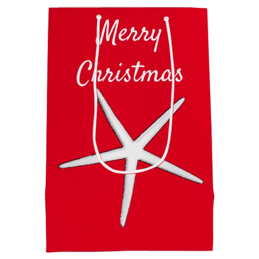 ヒトデ模様レッドホワイトビーチメリークリスマス ミディアムペーパーバッグ (裏面)