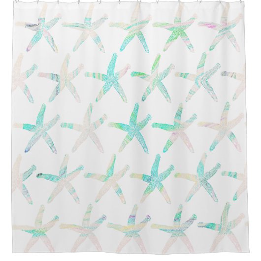 ヒトデ沿岸ビーチ多彩ティール(緑がかった色)パターン シャワーカーテン (正面)