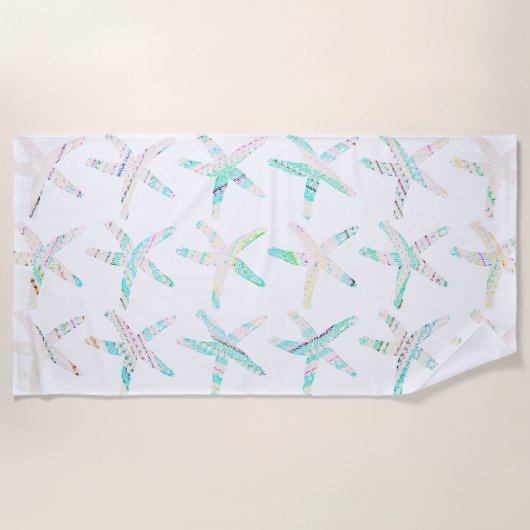 ヒトデ沿岸ビーチ数々のカラーティール(緑がかった色)ブルーホワイト ビーチタオル (正面)