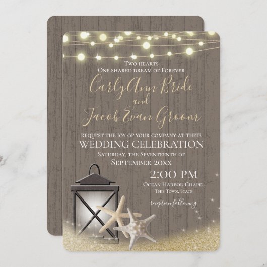 ヒトデ素朴海ドリフトウッドとライト 招待状 (正面/裏面)