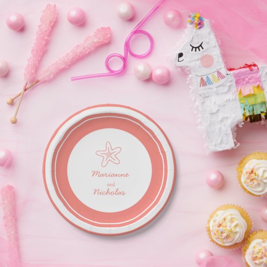 ヒトデ結婚オレンジホワイトカスタム紙プレート ペーパープレート (パーティー)