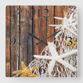 ヒトデ網ビーチウッドコースタルリビング|茶色 スクエア壁時計 (正面)