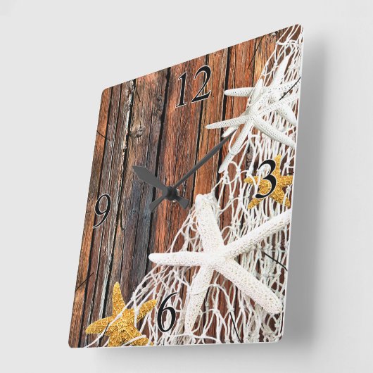 ヒトデ網ビーチウッドコースタルリビング|茶色 スクエア壁時計 (傾斜)