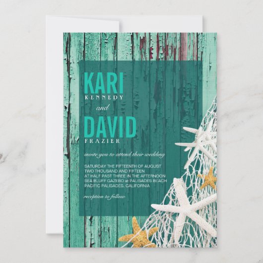 ヒトデ網ビーチウッ結婚ドズ|アクア 招待状 (正面)