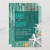 ヒトデ網ビーチウッ結婚ドズ|アクア 招待状 (正面/裏面)