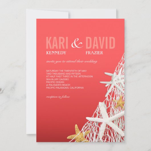 ヒトデ網ビーチ結婚式|サンゴ| 招待状 (正面)