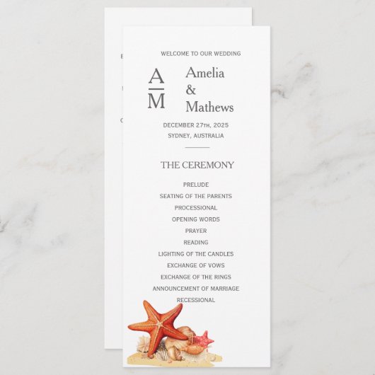 ヒトデ貝ビーチ航海の結婚式招待状 メニュー (正面/裏面)