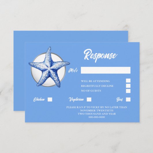 ヒトデ青白い銀の海岸シックな応答 出欠カード (正面/裏面)