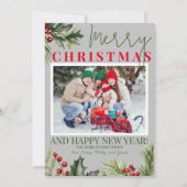 ヒノキとセイヨウヒイラギの赤い実 グレー クリスマスカード 招待状 (正面)