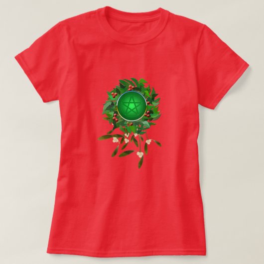 ヒノキのリースと五芒星、ヤドリギ Tシャツ (デザイン正面)