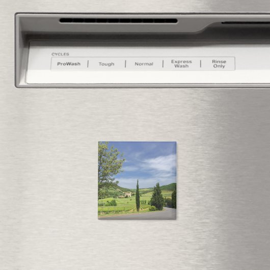 ヒノキの木々の間を曲がる田舎道 マグネット (インサイチュ (食洗機))