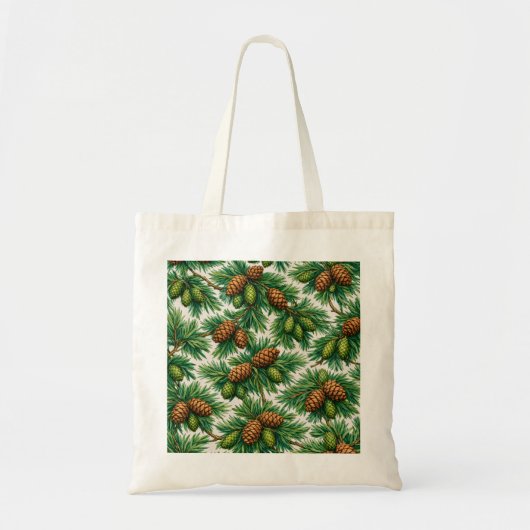 ヒノキの毬果と常緑樹の枝の植物画 トートバッグ (正面)