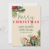 ヒノキの赤い実のフォト ベージュのクリスマスカード 招待状 (正面)