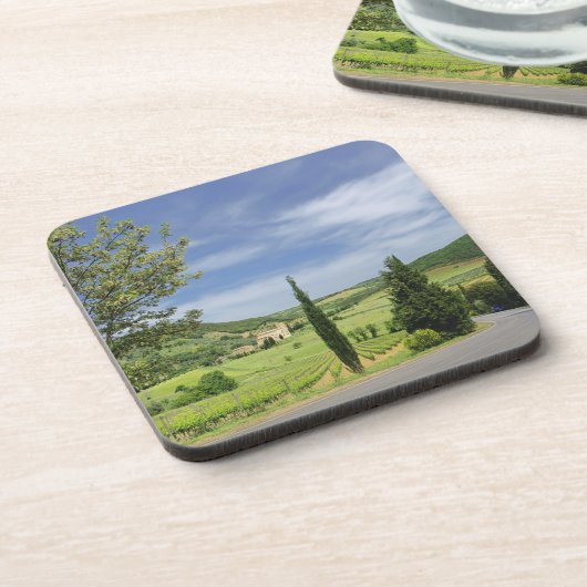 ヒノキの間を曲がる田舎道 コースター (左側)