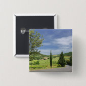 ヒノキの間を曲がる田舎道 缶バッジ (正面&裏面)