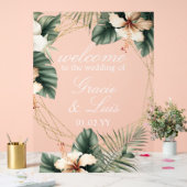 ヒビスカスモンステラ植物性花模様金ゴールド アクリルサイン (ウェディング)