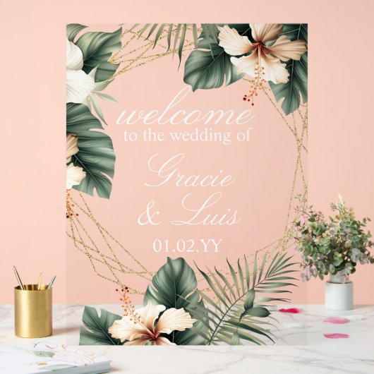 ヒビスカスモンステラ植物性花模様金ゴールド アクリルサイン (ウェディング)