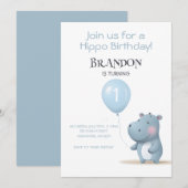 ヒポの誕生日 ソフトブルー シンプルな招待状 招待状 (正面/裏面)