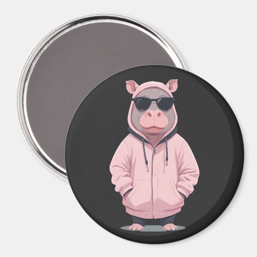 ヒポタマス着用フード付きスウェットシャツおもしろいクール動物ポップ・アートの マグネット (正面/裏面)