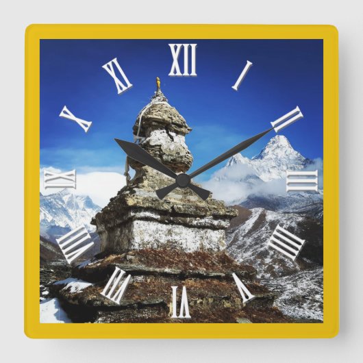 ヒマラヤのネパールのトレッキング、ストゥーパとアマダブラム スクエア壁時計 (正面)