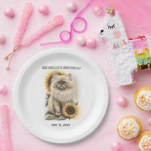 ヒマラヤニキットキャットサンフラワーズ誕生日名 ペーパープレート (パーティー)