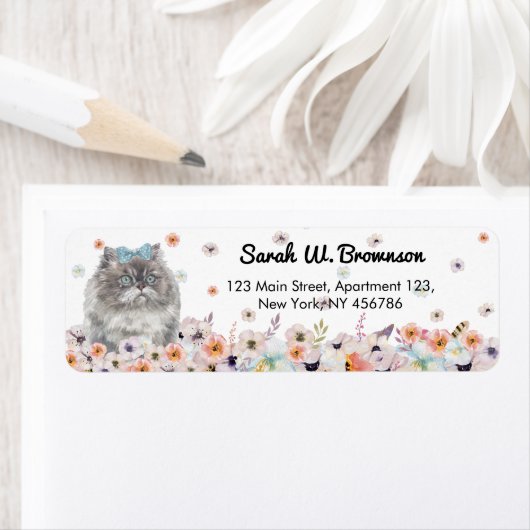 ヒマラヤン猫の青い目と蝶ネクタイの花座り ラベル (インサイチュ)