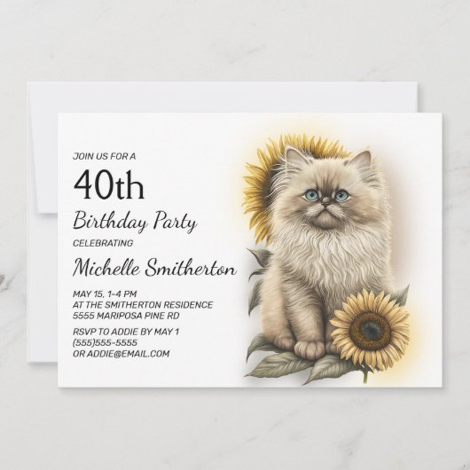 ヒマラヤン+子猫+ひまわり+40歳の誕生日 招待状 (正面)