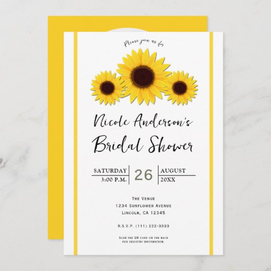ヒマワラズホワイトシンプルブライダルシャワー 招待状 (正面/裏面)
