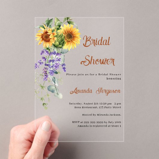 ヒマワラベンダー花模様澄んブライダルシャワー アクリル招待状 (インサイチュ (ポータブル))