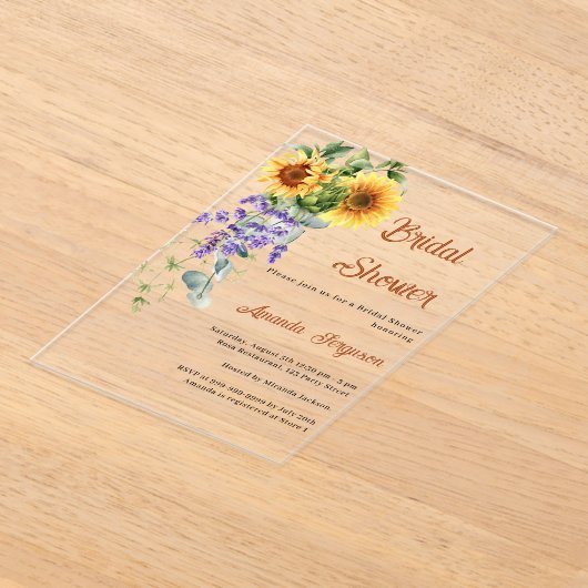 ヒマワラベンダー花模様澄んブライダルシャワー アクリル招待状 (レイダウン)