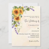 ヒマワラベンダー花模様結婚ゴールデンズ 招待状 (正面)