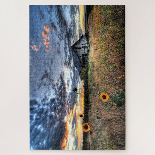 ヒマワリおよび古い木製の納屋は困惑させます- 20"をx30" ジグソーパズル (縦)