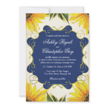 ヒマワリおよび濃紺の結婚式招待状
