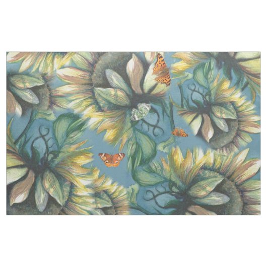 ヒマワリおよび蝶 ファブリック (ヤード)