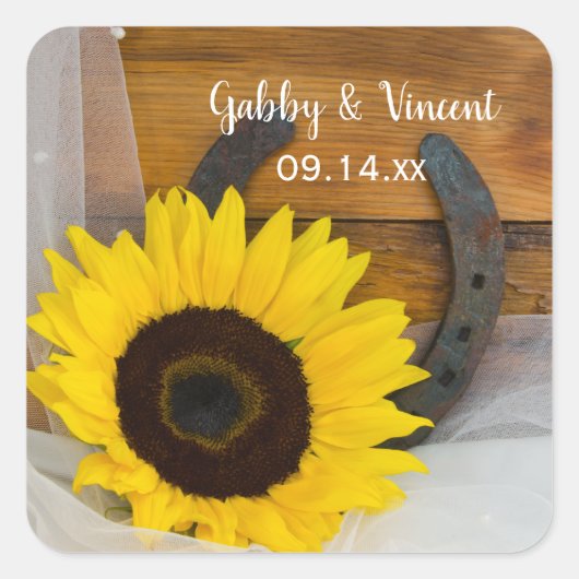 ヒマワリおよび蹄鉄の国の西部の結婚式 スクエアシール (正面)