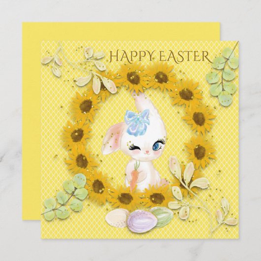 ヒマワリかわいいバニーエッグハッピーイースターイエロー シーズンカード (正面/裏面)
