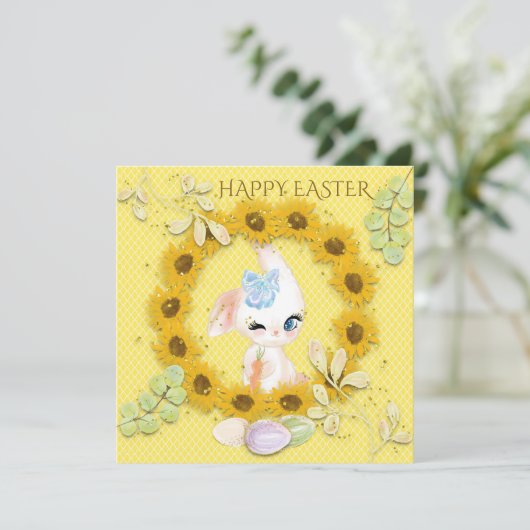 ヒマワリかわいいバニーエッグハッピーイースターイエロー シーズンカード (スタンド正面)