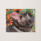 ヒマワリが付いている幸せなドイツShorthairedポインター ジグソーパズル (横)