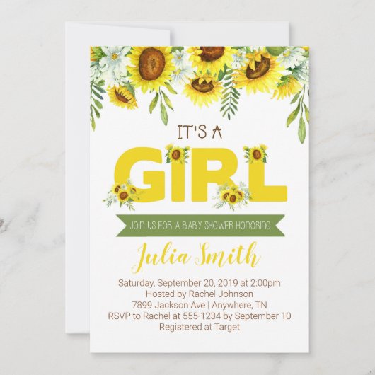 ヒマワリそれは女の子のベビーシャワーの招待状です 招待状 (正面)