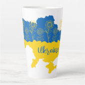 ヒマワリとウクライナ国旗を持つウクライナの地図 カフェラテマグ (正面)